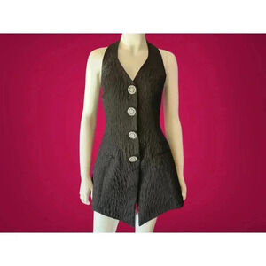 Vintage 80s Embossed Black Satin Halter Top / Mini Dress M